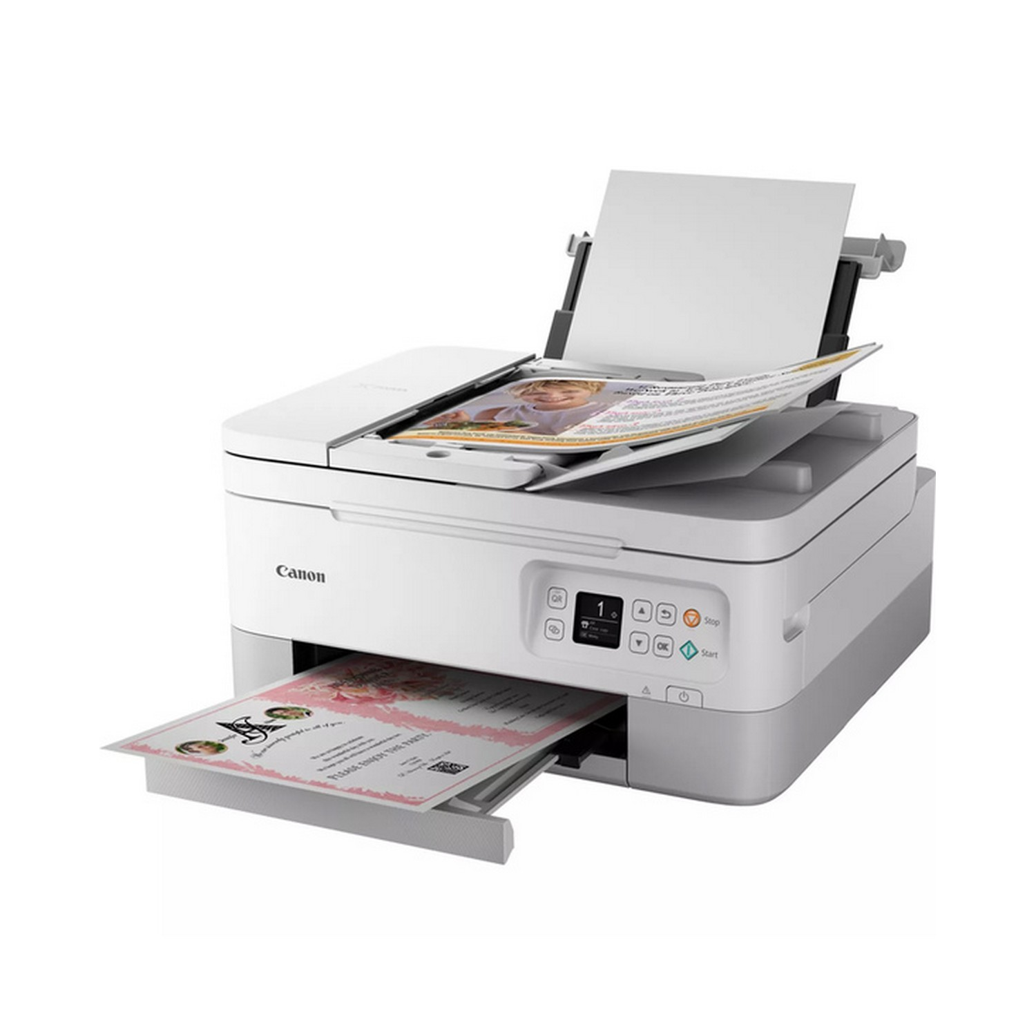 A Canon printer printing documents, with paper in the tray and output.