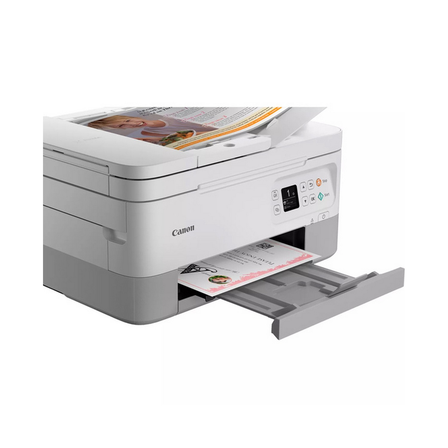 White and grey Canon printer printing a document. A tray catches the paper.