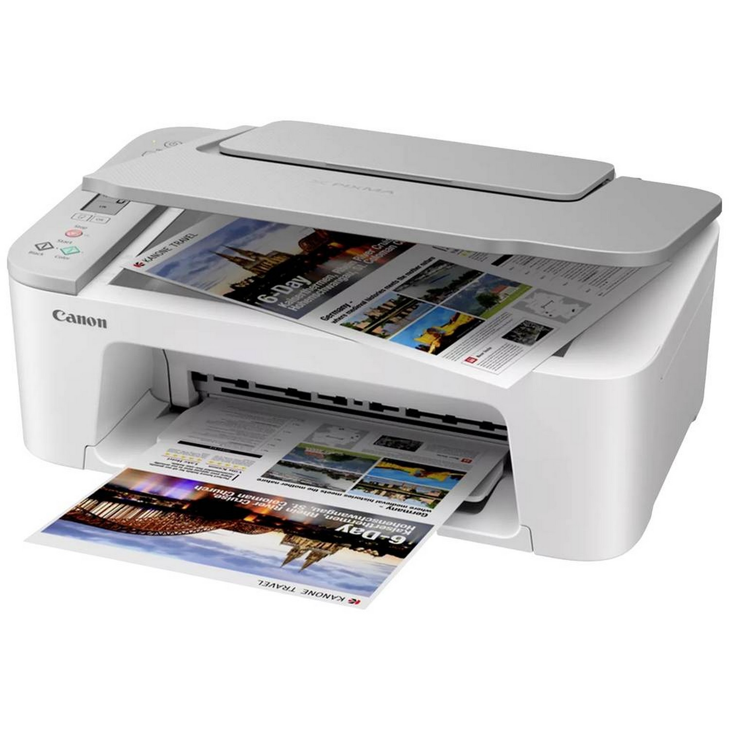 Une imprimante Canon imprimant des documents. Deux feuilles de papier sont visibles.