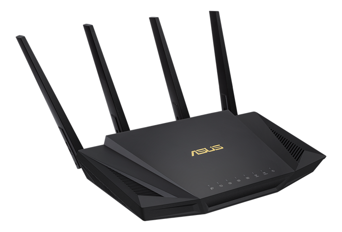 Un router ASUS nero con quattro antenne. Il logo ASUS è visibile. Il router è su una superficie scura.