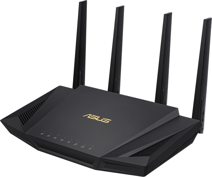 Router ASUS nero. Ha quattro antenne, un logo ASUS in oro e varie porte e indicatori sulla parte anteriore.