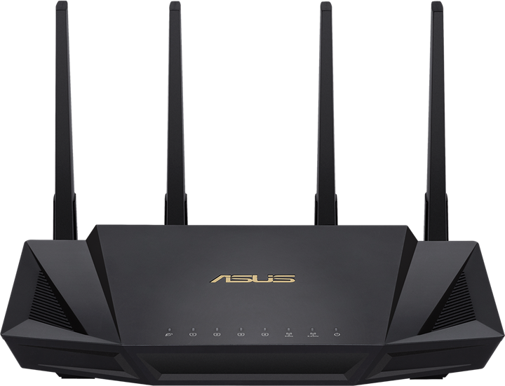 Un router ASUS nero con quattro antenne. Ha il logo ASUS in oro. Lo sfondo è nero.