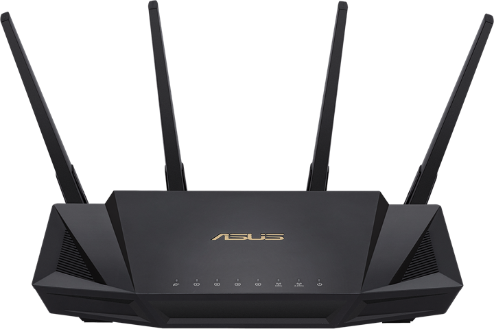 Router ASUS nero con quattro antenne. La parte anteriore ha spie luminose e il logo ASUS.