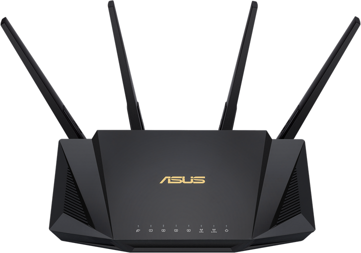Un router ASUS nero con quattro antenne, centrato su sfondo nero.