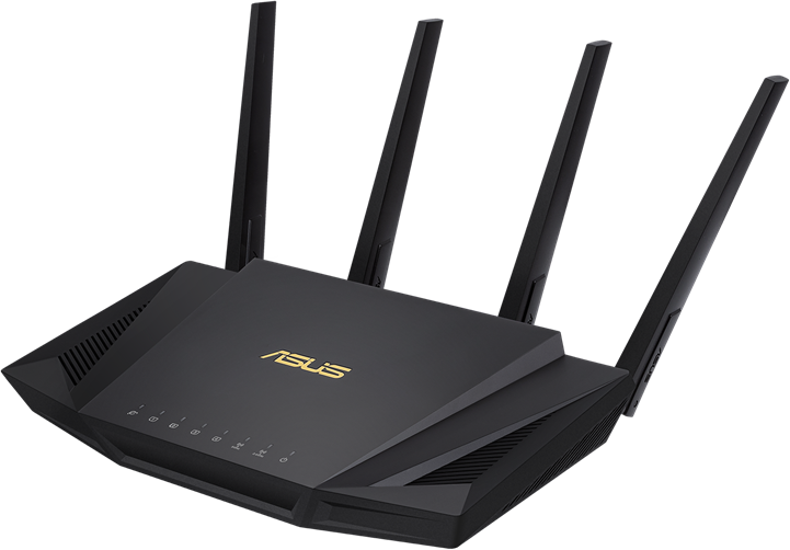 Router ASUS nero con antenne. Logo ASUS sul davanti, su sfondo nero.