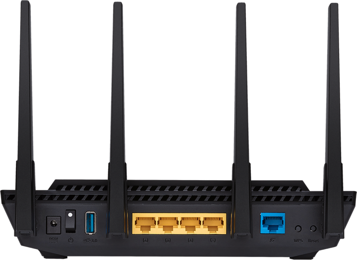 Pannello posteriore del router: porte, antenna, alimentazione, USB e pulsante reset.
