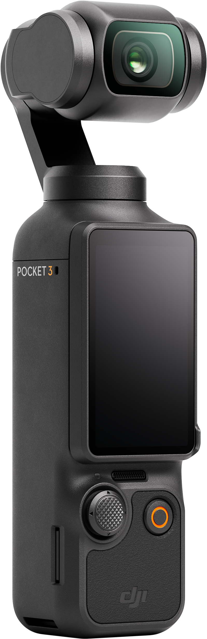 Fotocamera nera DJI Pocket 3, con schermo, obiettivo e pulsanti. Lo sfondo è bianco.