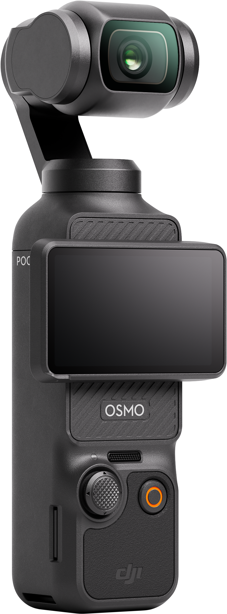 Una fotocamera portatile nera con schermo e obiettivo.