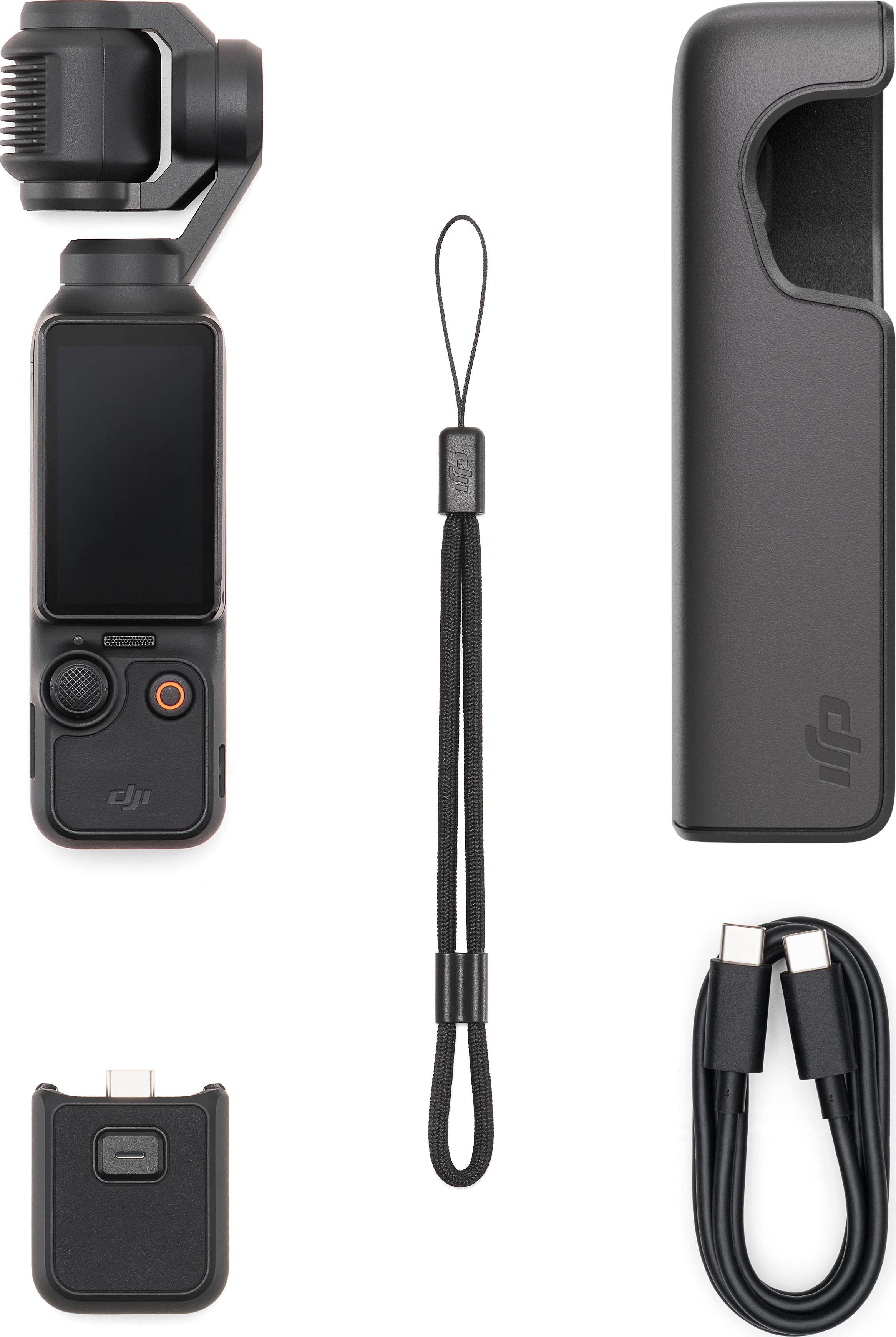 Una fotocamera DJI Pocket 2 con accessori: custodia, cinturino da polso, adattatore e cavo di ricarica.