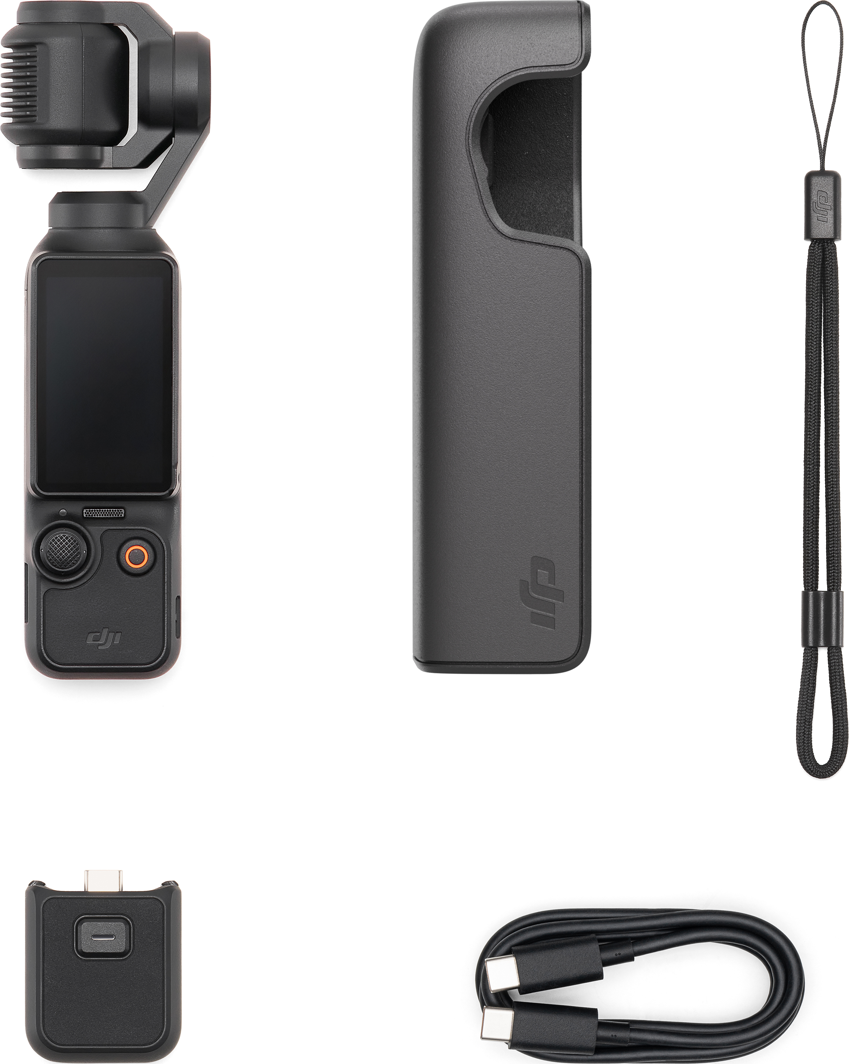 Fotocamera DJI Pocket 2 con accessori: custodia, cinturino, cavo di ricarica. Tutto nero.