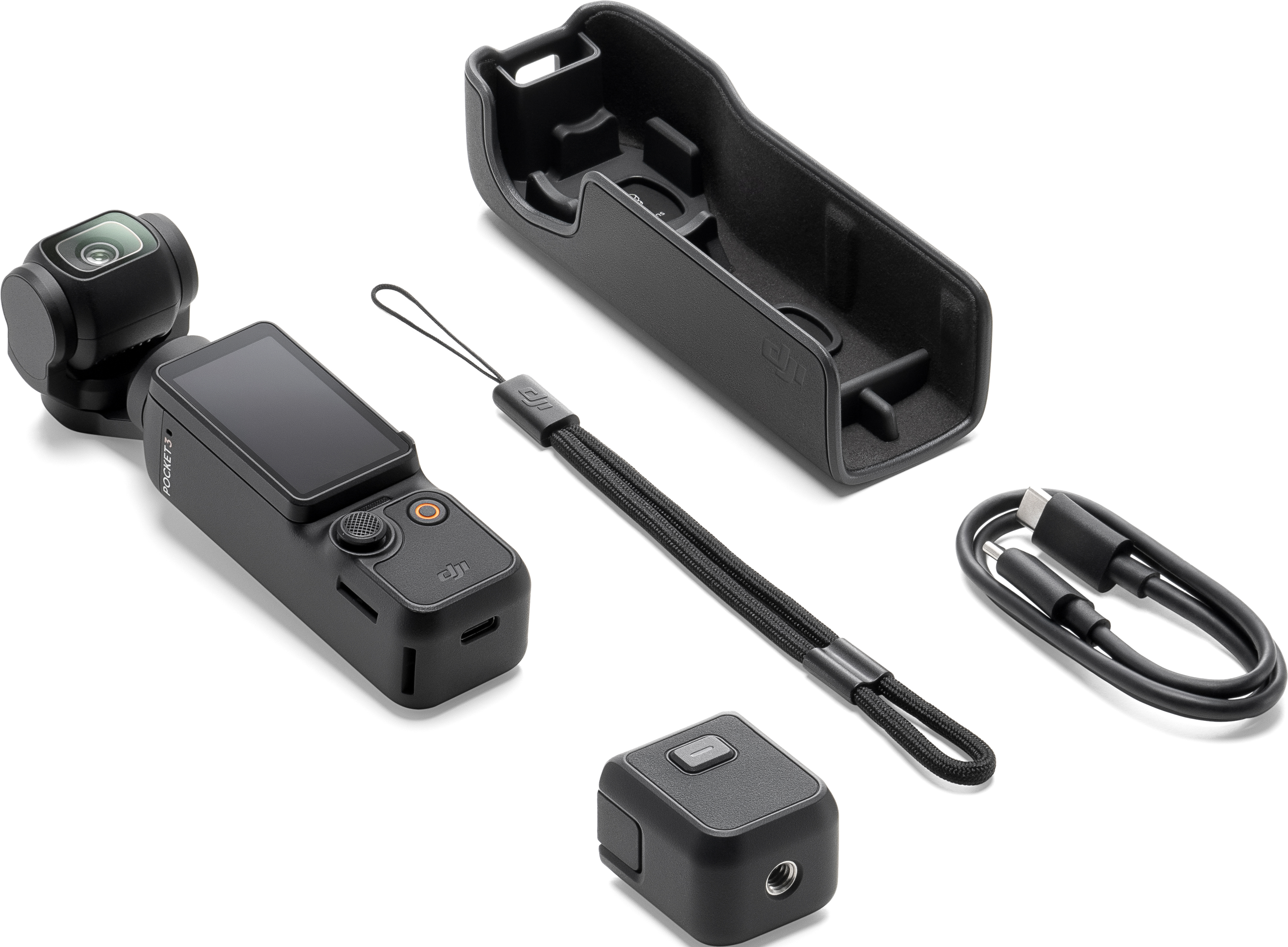 Una fotocamera DJI Pocket e accessori: custodia, cinturino da polso e cavo di ricarica.