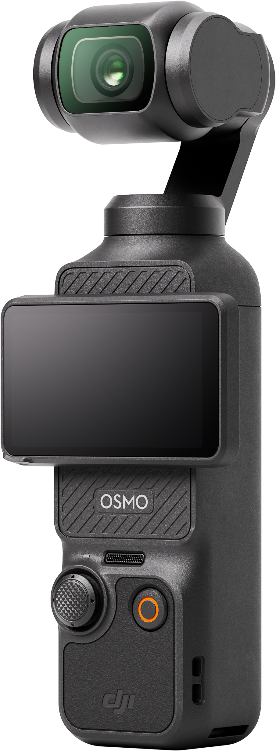 Una fotocamera Osmo nera con schermo e pulsante, su uno sfondo semplice.