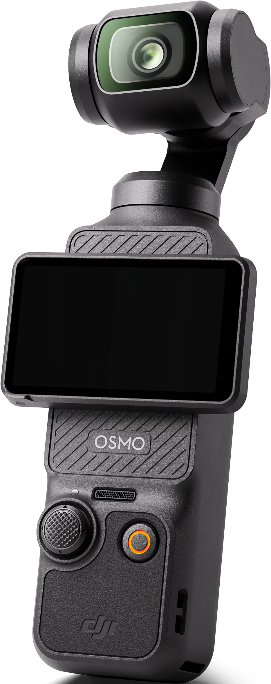Una fotocamera Osmo nera con schermo, pulsanti e gimbal, tenuta in mano.