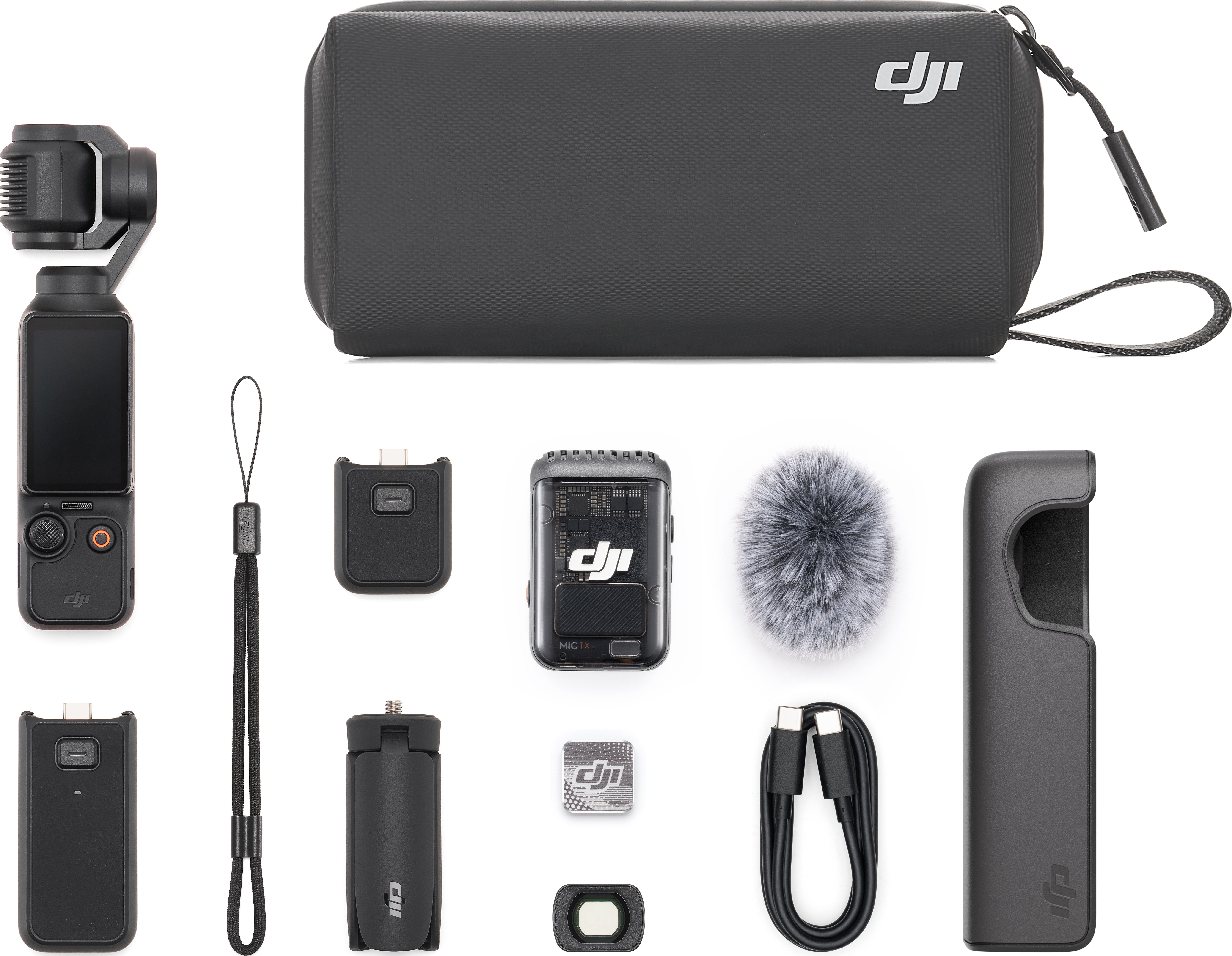Fotocamera tascabile DJI e accessori: custodia, microfono, adattatore, manico, cavo. Tutto nero.