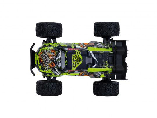Draufsicht auf einen Spielzeug-Monstertruck mit schwarzen Rädern und grün-schwarzem Körper.