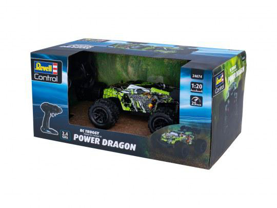 Spielzeug-Truck in einer Box, grün und schwarz. Box sagt Power Dragon.