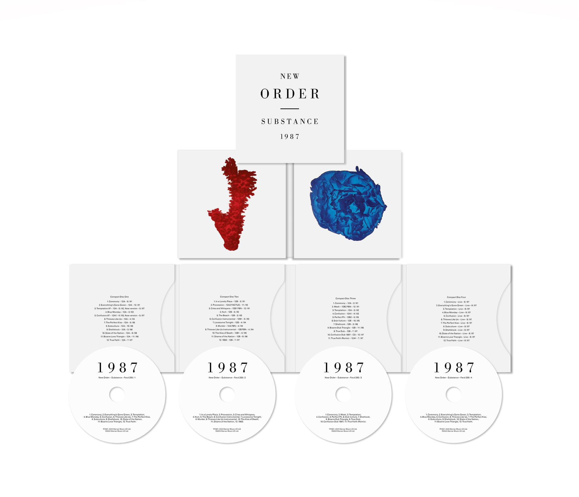 Ein schwarz-weißes Album mit vier CDs. Das Cover trägt das Wort "NEW ORDER".