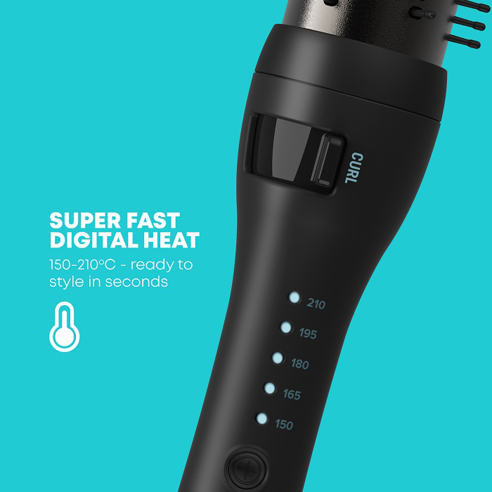 Fekete hajsütővas digitális hőbeállításokkal és a Super Fast Digital Heat felirattal.