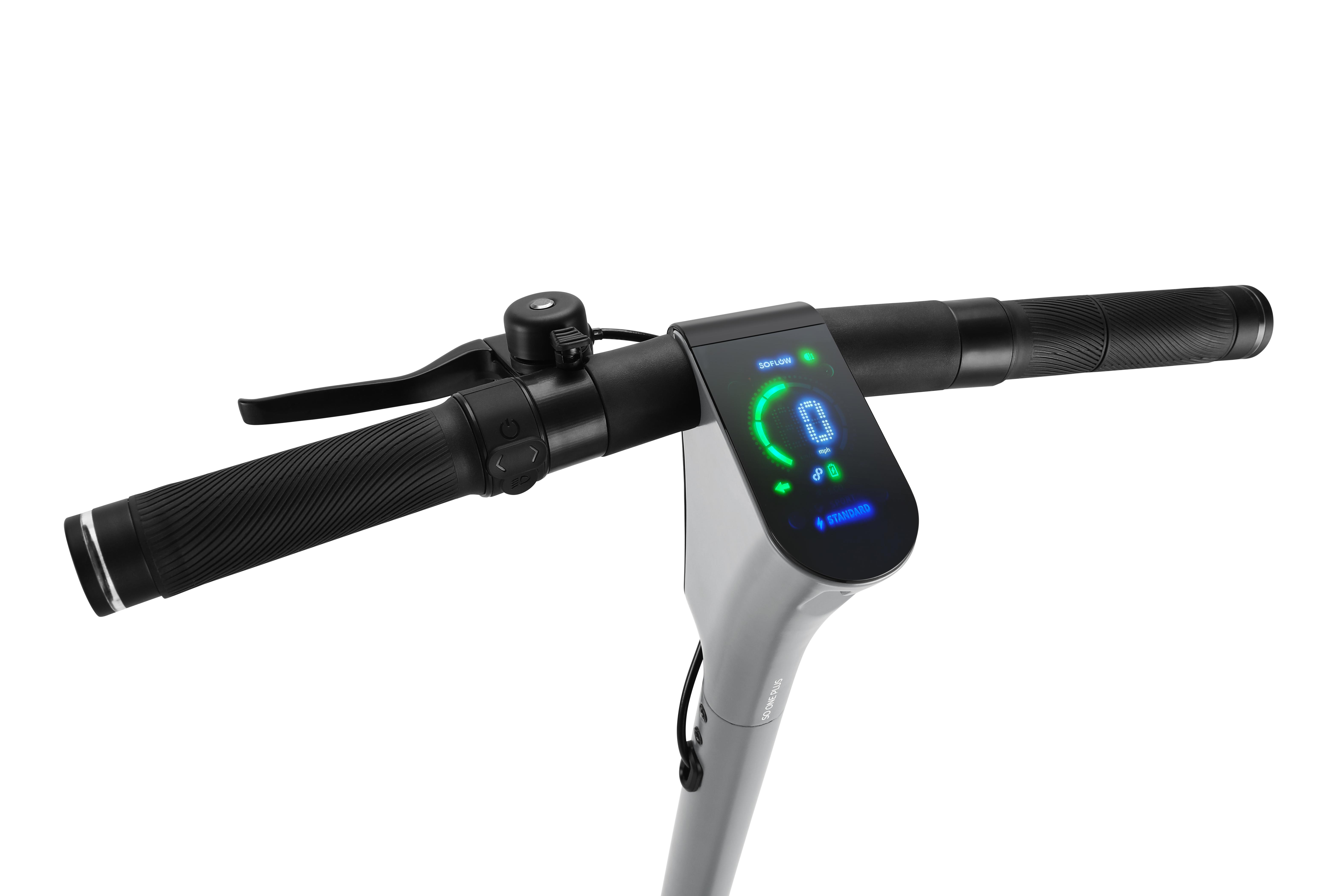 Rollerlenker mit Display, das Geschwindigkeit und Batterie anzeigt. Der Roller ist grau.