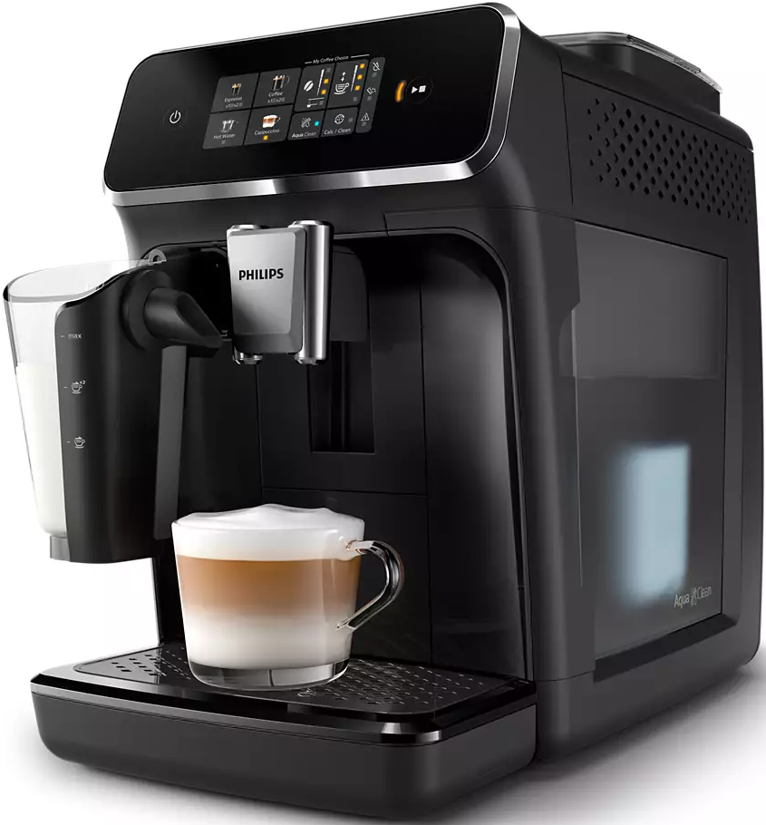 Macchina per espresso Philips nera con una tazza di latte su una superficie nera.