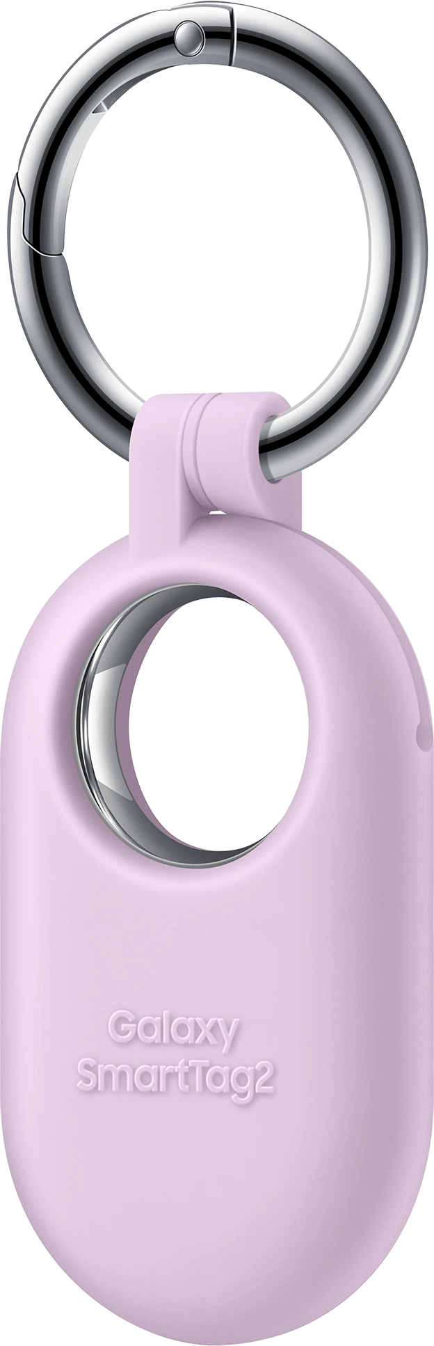 Galaxy SmartTag2 rosa con un anello argentato. Il dispositivo è di forma ovale e di colore rosa chiaro.