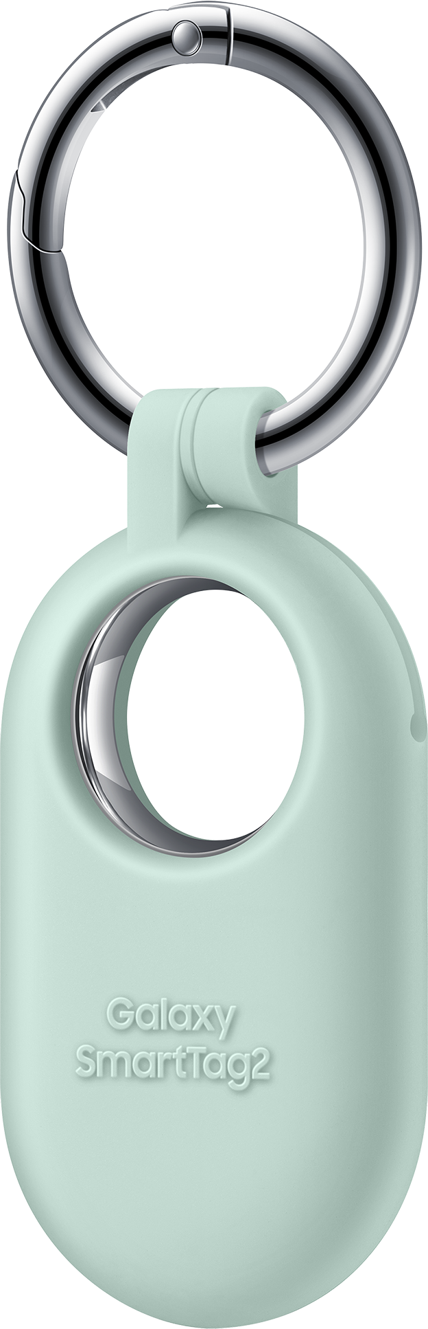 Un localizzatore Galaxy SmartTag2 verde menta con un portachiavi argentato attaccato.
