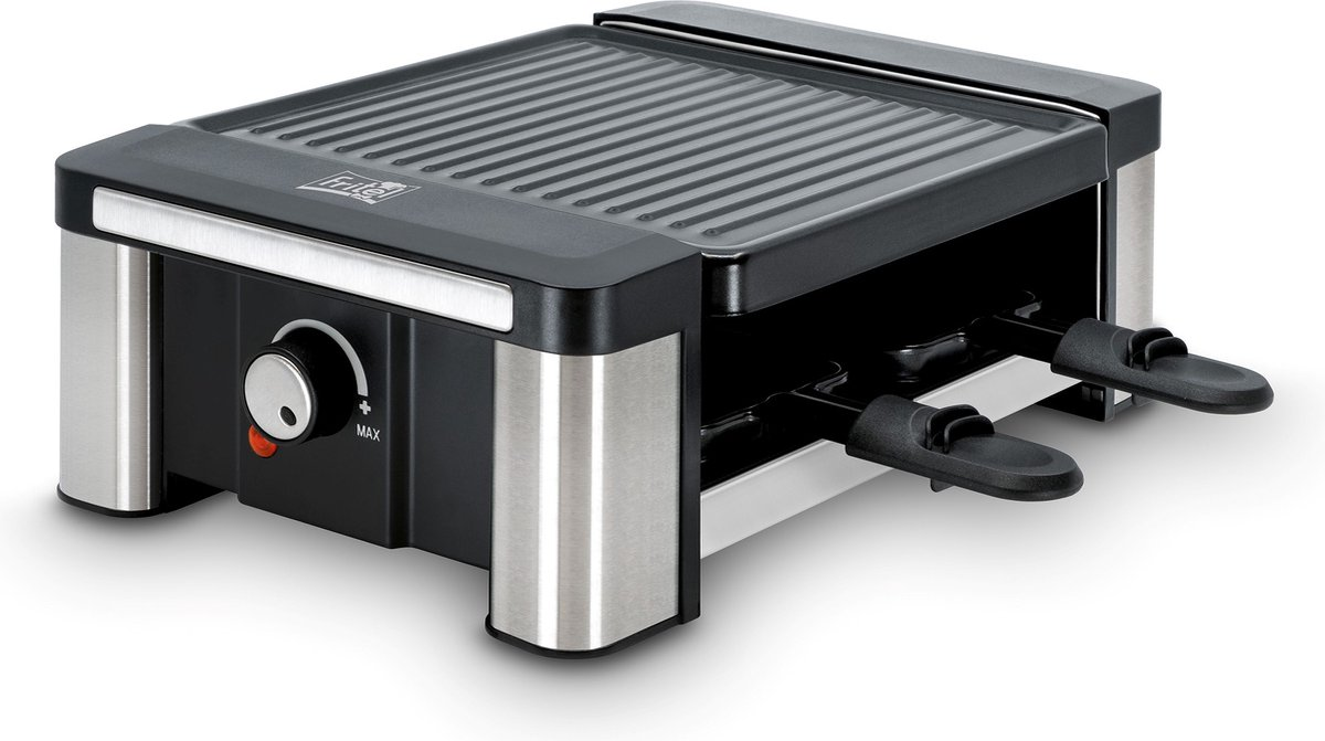A black and silver raclette grill with a dial and two cheese holders.