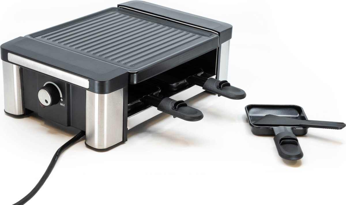 Raclette grill with two trays, one with cheese, and a control knob.