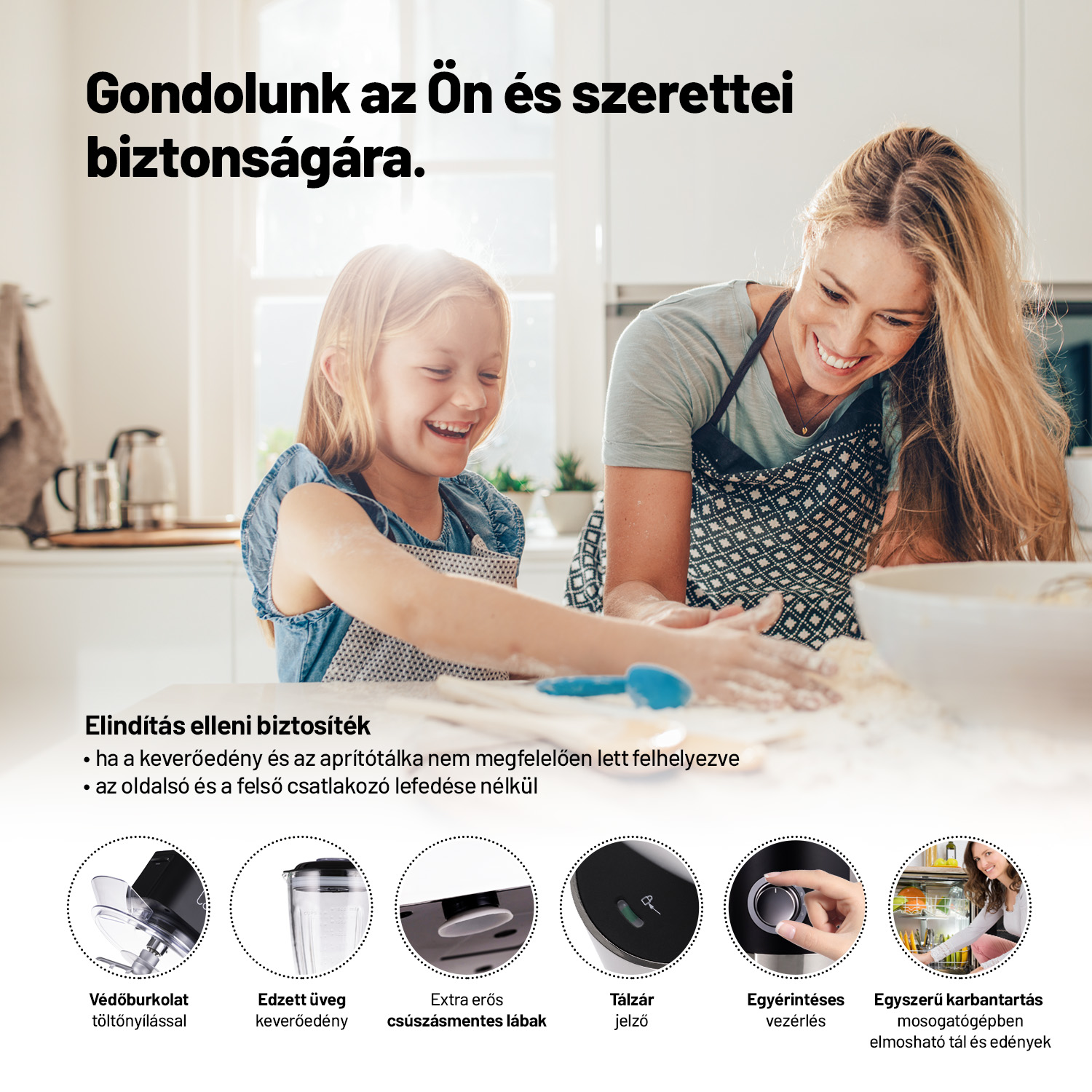 Nő és gyerek együtt főz. Konyhai jelenet, több termék ikonnal.