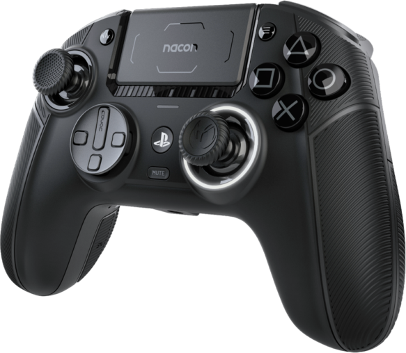 Fekete játékvezérlő gombokkal, joystickokkal és központi logóval.