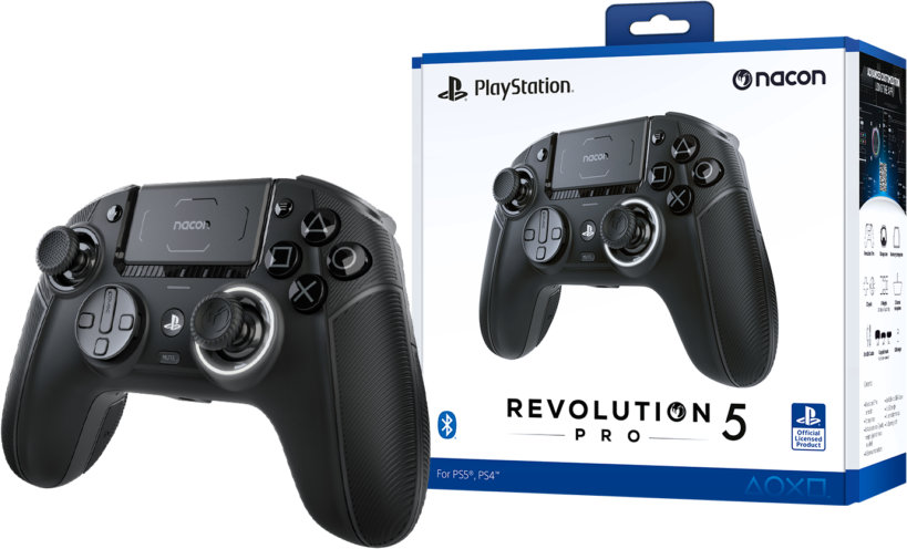 PlayStation kontroller és a doboza. Fekete kontroller, kék doboz.