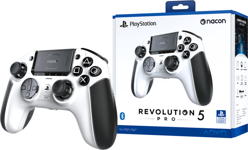 Egy fehér-fekete PlayStation játékvezérlő egy dobozban, a 'Revolution 5 Pro' felirattal.