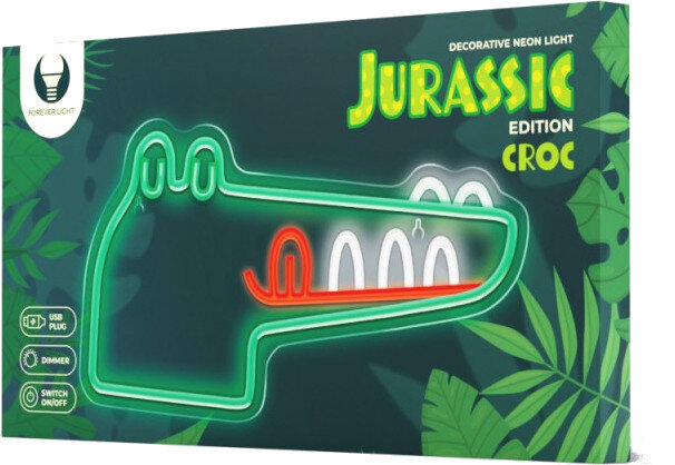 Pudełko z neonowym zielonym krokodylem z motywem Jurassic Park, tekst: 'Jurassic Edition CROC'.