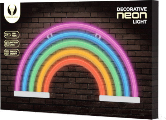 Neonowe światło w kształcie tęczy w pudełku, kolory tęczy na tle ceglanej ściany.
