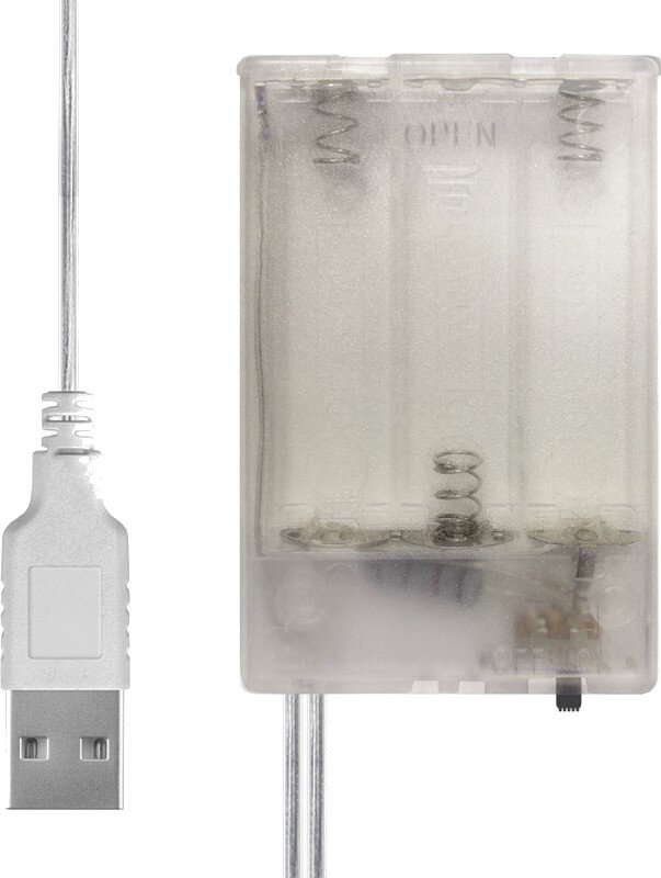 Biały kabel USB z przegrodą na baterie. Białe tło.