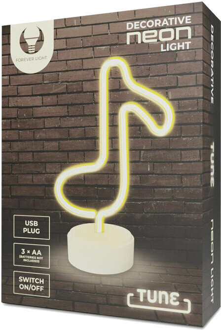 Zapakowane dekoracyjne światło neonowe; żółty kształt nuty na tle ceglanej ściany.