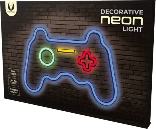 Zapakowane dekoracyjne światło neonowe w kształcie niebieskiego kontrolera na tle ceglanym.