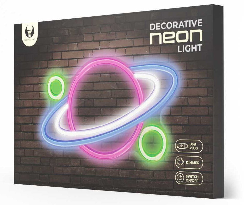 Dekoracyjne światło neonowe w pudełku. Różowo-niebieski neonowy pierścień. Tło z ceglanej ściany.