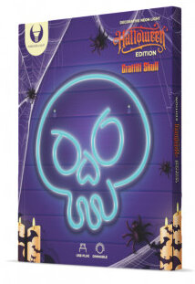Zapakowany neonowy znak Halloween z niebieską czaszką z pająkami i świecami.