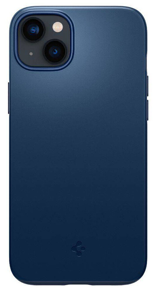 Niebieskie etui na telefon z wycięciami na aparat. Ma gładką powierzchnię i logo Spigen.