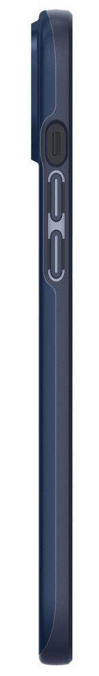 Widok z boku ciemnoniebieskiego etui na telefon, pokazujący przyciski i wycięcie na aparat.