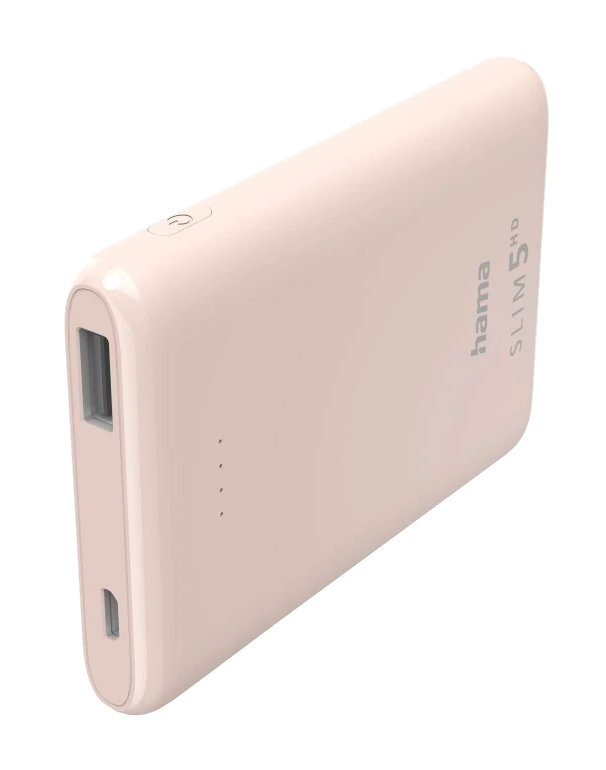 Różowy power bank Hama Slim 5HD, z portami USB i micro-USB, widok z boku, białe tło.