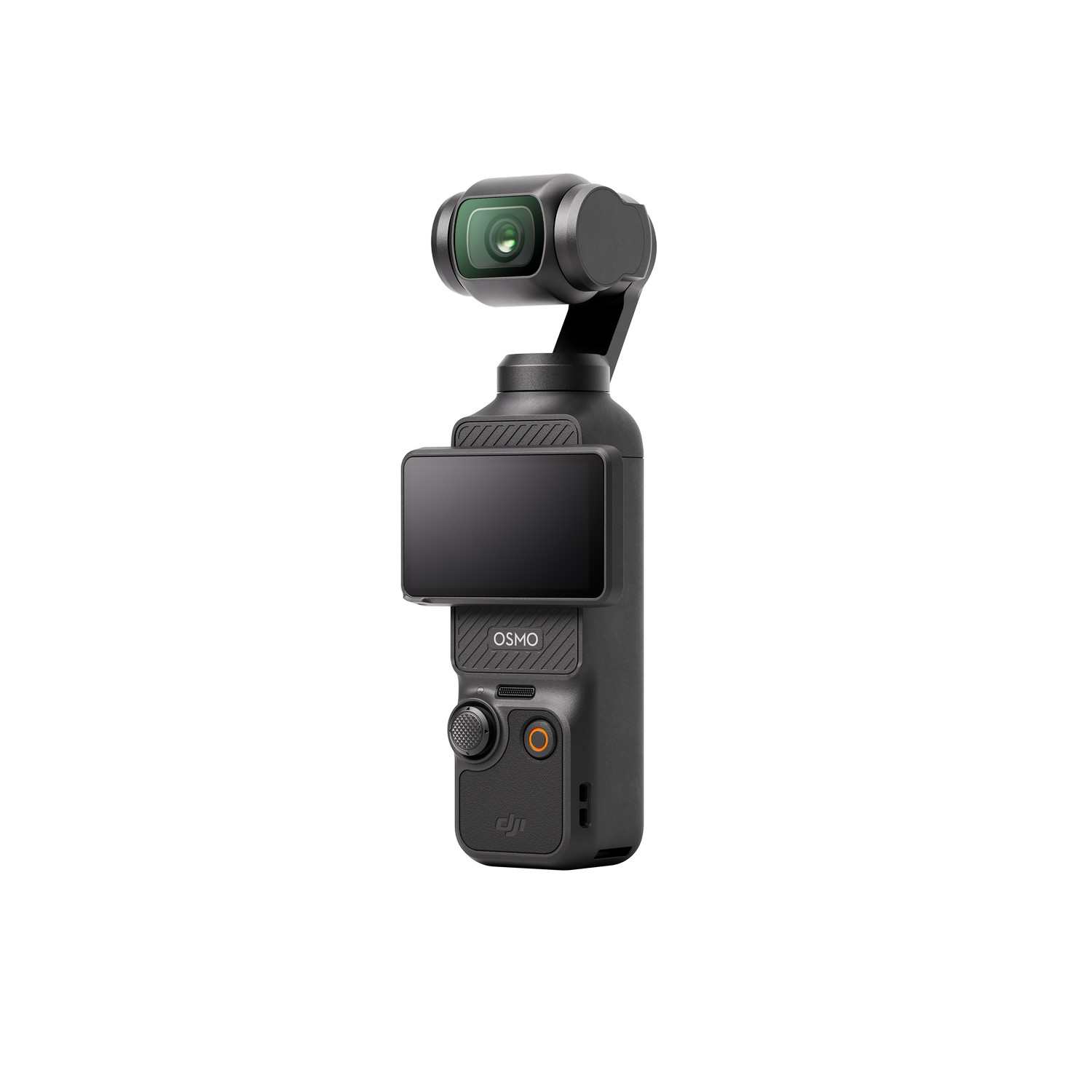 DJI Osmo Pocket camera. Black body, with a screen and a camera.
