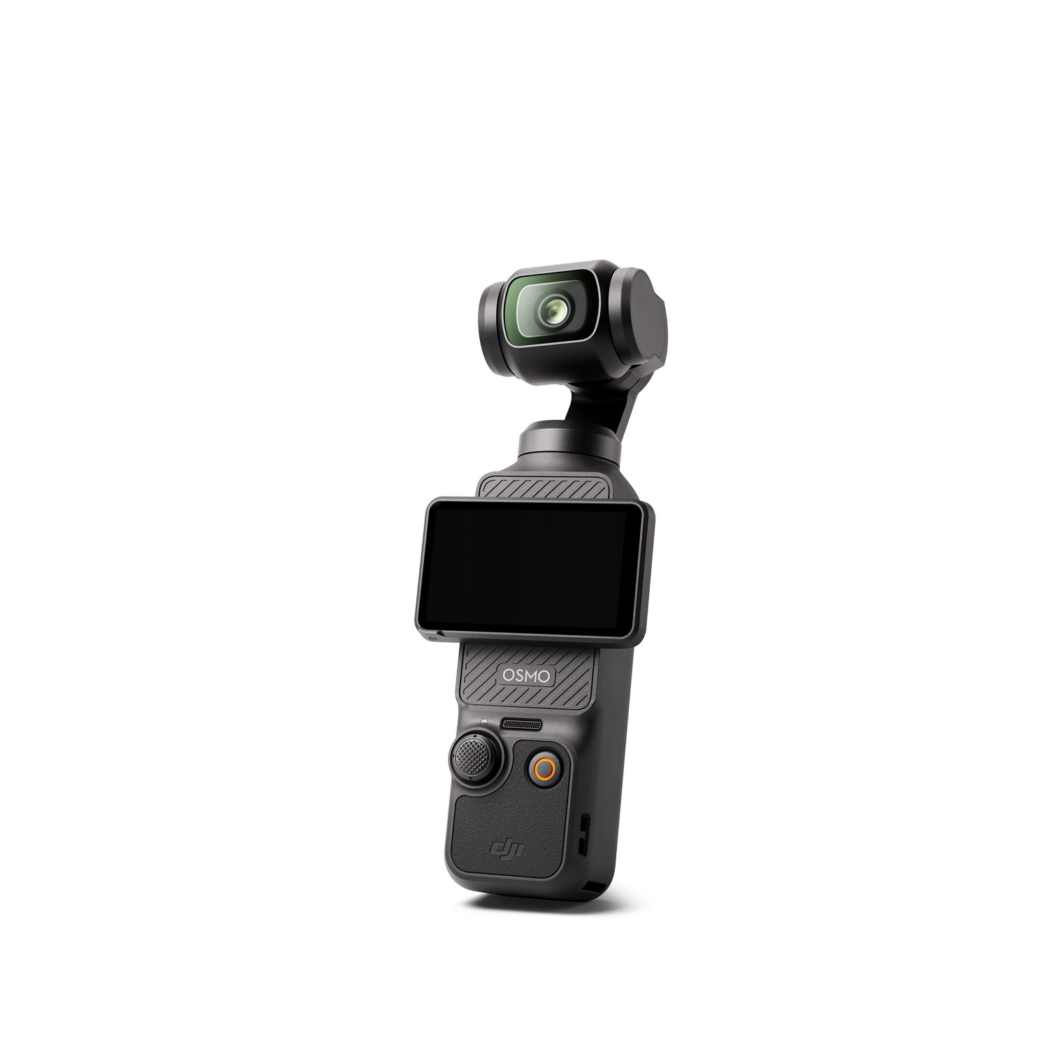 Black handheld camera. It has a screen and a lens. White background.