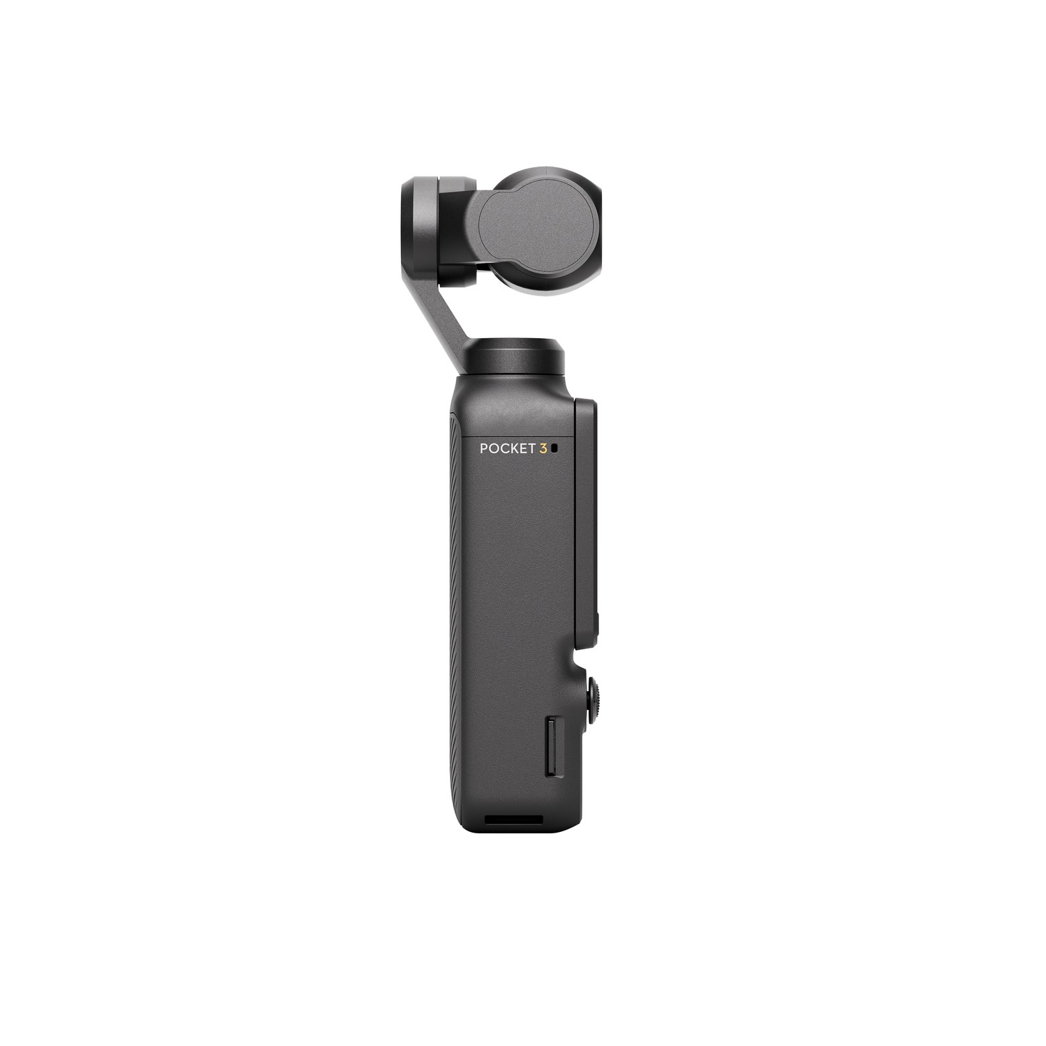 A grey DJI Pocket 3 camera, side view. It has a screen and a button. The brand is visible.