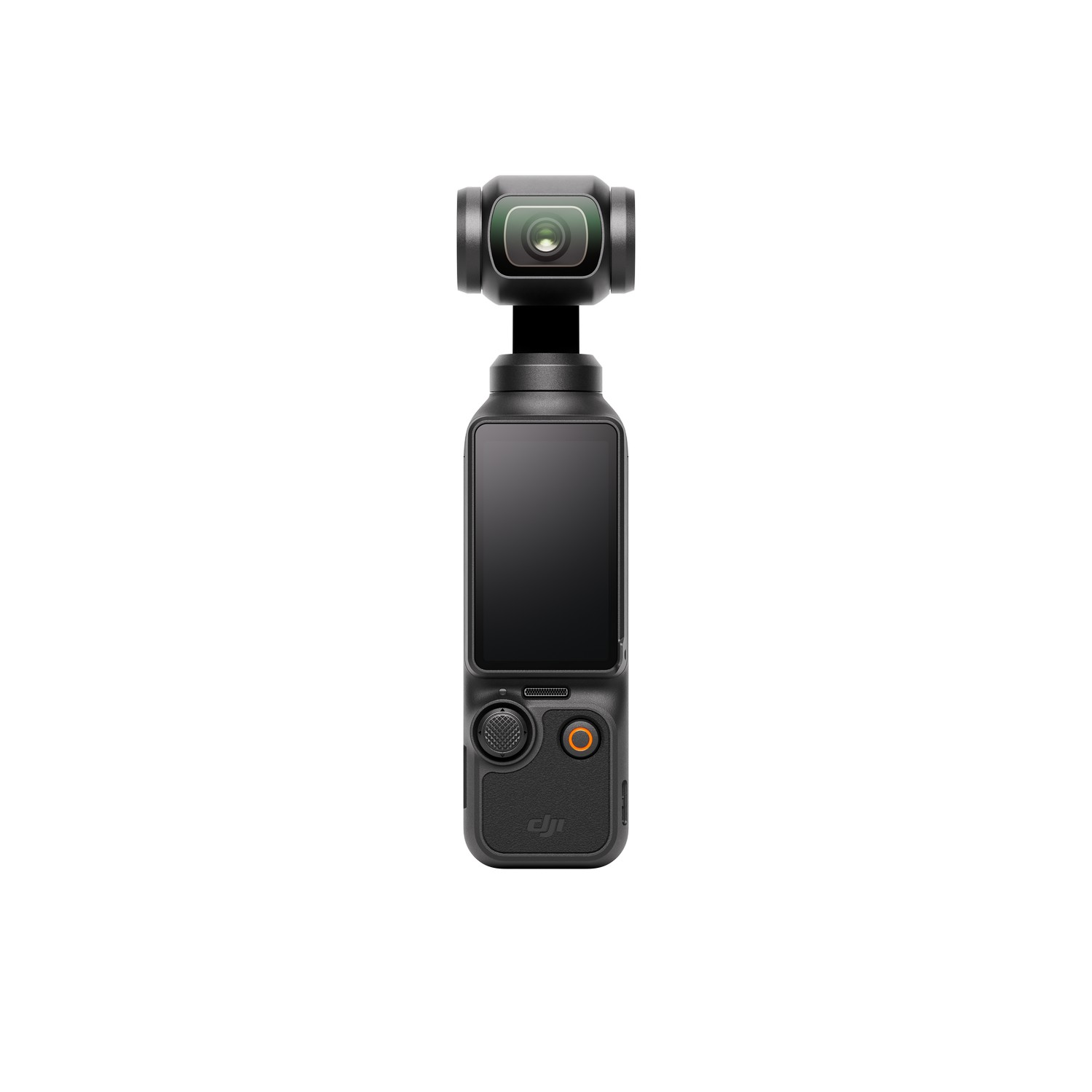 A black handheld camera with a screen and buttons, with the lens pointing towards the viewer.