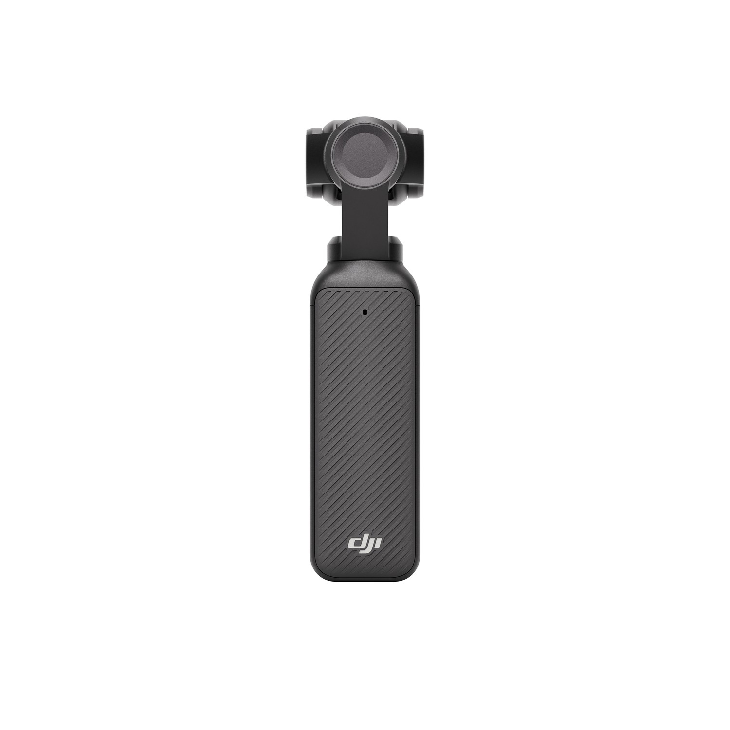 Handheld black camera with a long handle, a lens, and a screen.