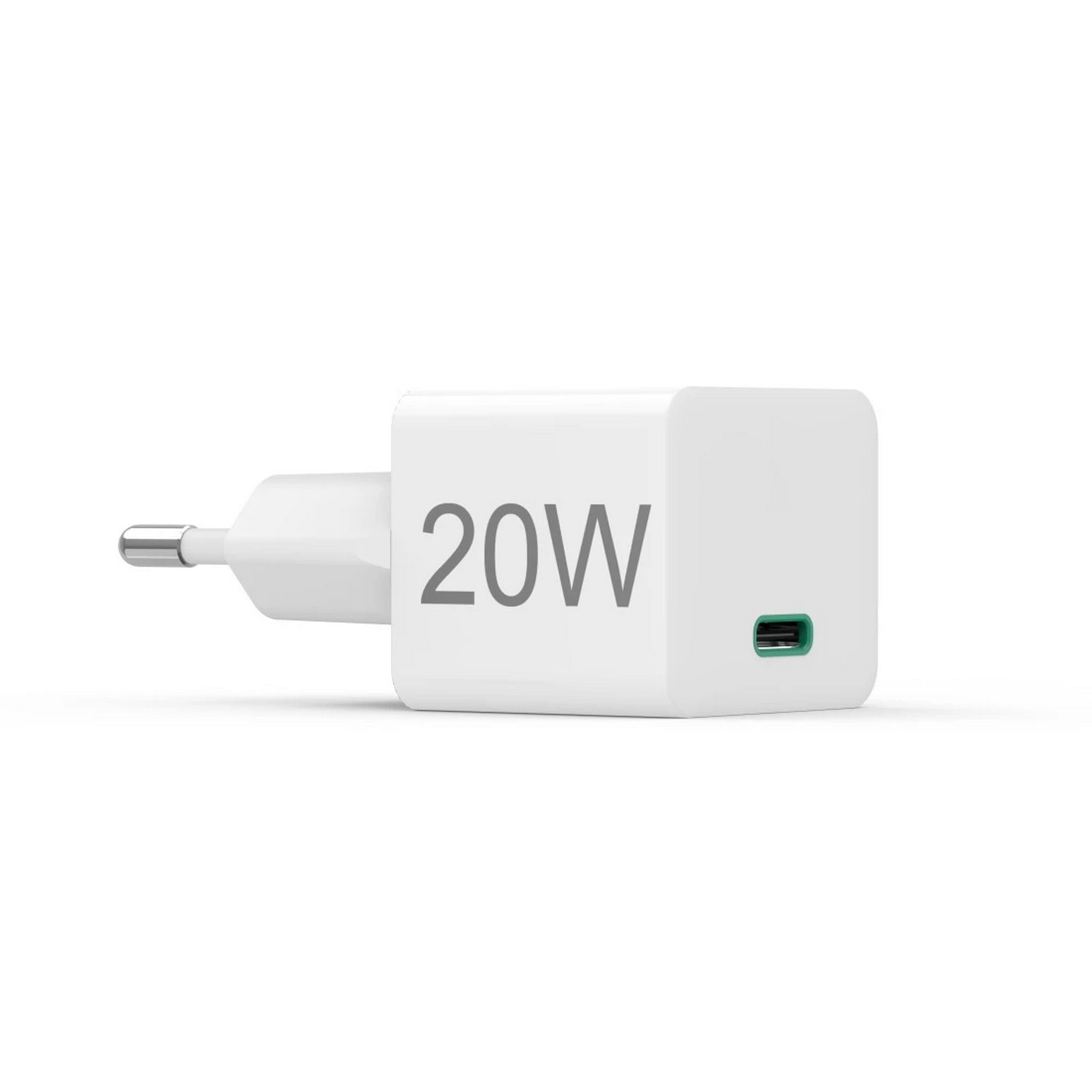Witte 20W oplader met stekker en USB-C poort op een witte achtergrond.