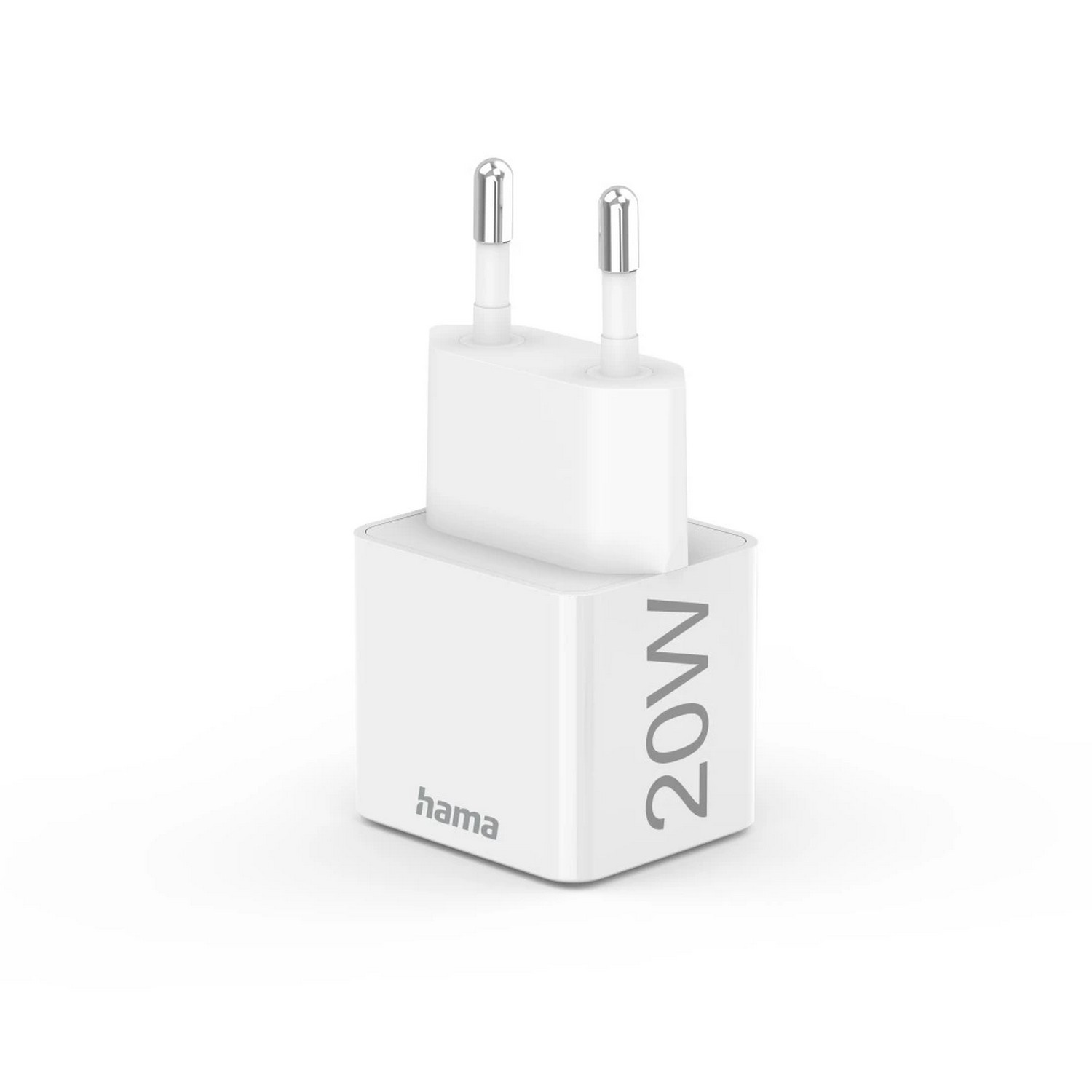 Witte 20W-oplader met twee pennen. 'hama'-logo op de voorkant. Witte achtergrond.