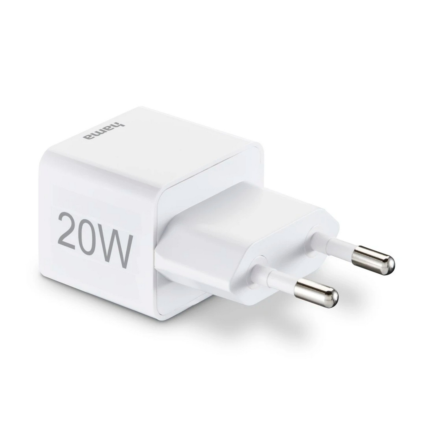 Een witte 20W-oplader met een Europese stekker. Het merk 'hama' is op de oplader gedrukt.